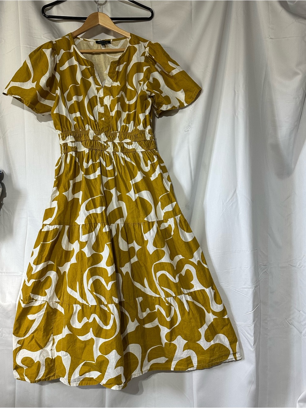 Meadow Rhodes Mustard & White Printed Midi Dress with Elastic Waist cotton